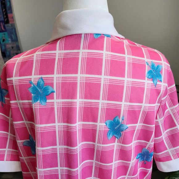 Vintage 1970's Hot Pink & White Polyknit Smock Top with Blue Hibiscus Print - Picture 8 of 8